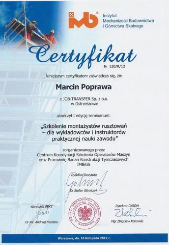 Certyfikat z I edycji seminarium nt. Szkolenia Montażystów Rusztowań IMBiGS 